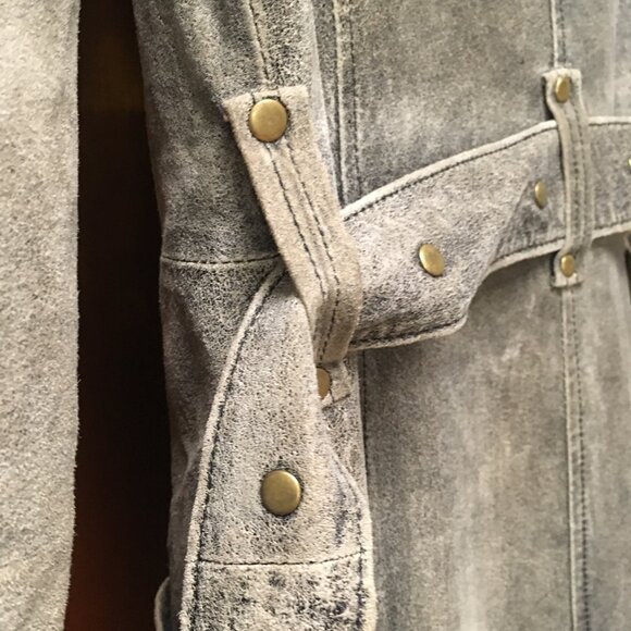Tara Jarmon Genuine Leather Trench Coat Distressed Suede Waist Tie Belt RARE - Picture 11 of 15